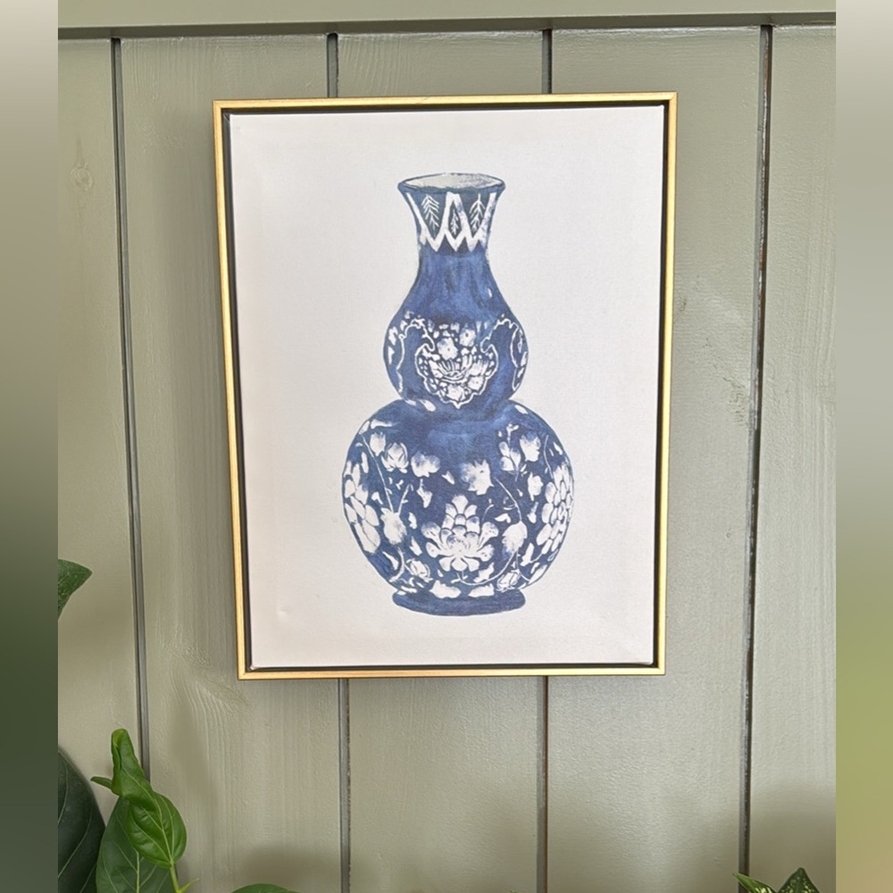 Framed Blue and White Floral Vase Art.